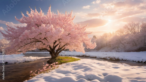 Selective focus of beautiful branches of pink Cherry blossoms on