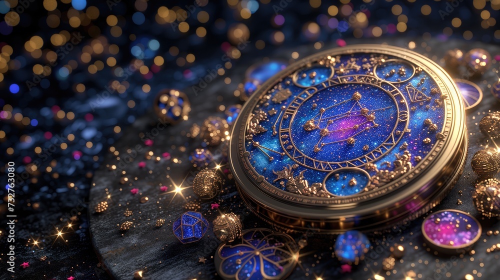 Ornate zodiac-themed astrolabe with sparkling details Ornate zodiac-themed astrolabe with sparkling details