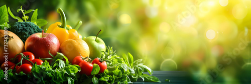 Fresh vegetables and fruits with sunlight and bokeh.