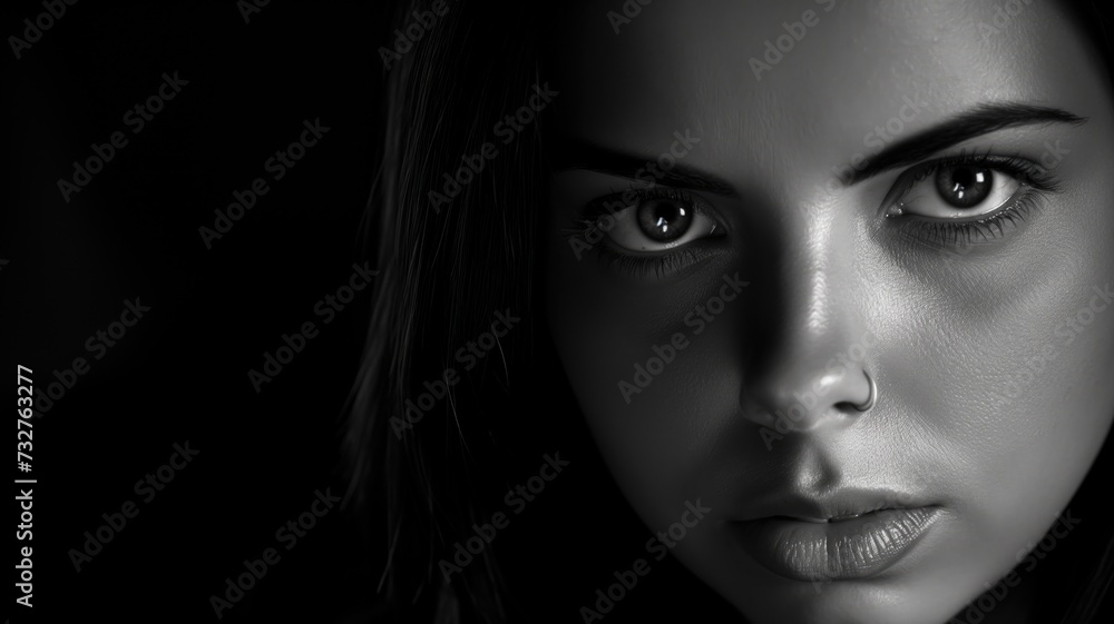 Black and white close-up of a woman's face focusing on her intense gaze Black and white close-up of a woman's face focusing on her intense gaze