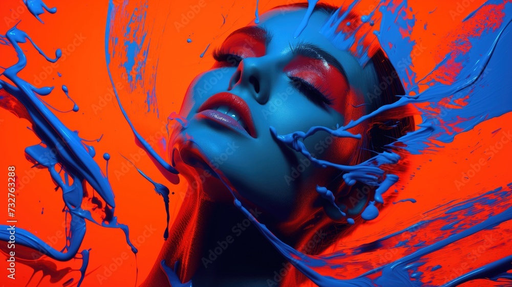 Φωτογραφία An avant-garde portrait of a woman's face immersed in splashes of blue and orang