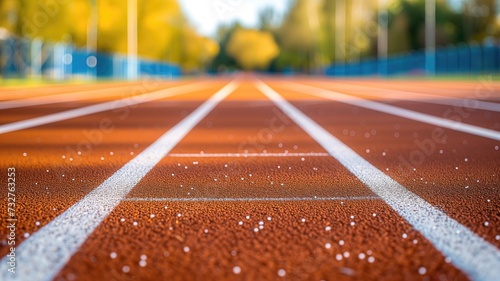 Close-up of an orange running track with white lines photo