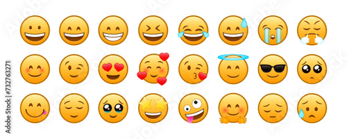 Emoji reactions. Funny emoticons faces with facial expressions. Social media emojis. Icon for website design, mobile app. Collection of emoji reactions for social media. Vector illustration photo