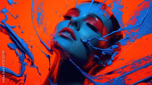 An avant-garde portrait of a woman s face immersed in splashes of blue and orange paint