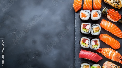 Assorted sushi and rolls on a black slate surface