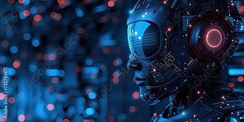 Robot face with glasses, text AI wallpaper, navy blue, science, universe, technology, with text in white color. Fondo de pantalla con cara de robot moderno alusivo a la inteligencia artificial.