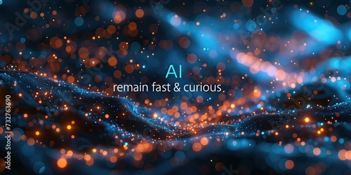 Lema IA, manténte rápido y curioso wallpaper promo slogan navy blue with light waves, red star lights, science, universe, technology, with text in blue and white color, "AI, remain fast & curious".