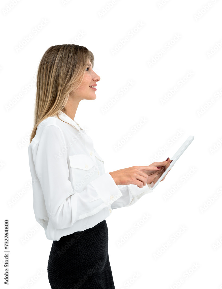 Businesswoman with tablet in hands, smiling isolated over white background Businesswoman with tablet in hands, smiling isolated over white background