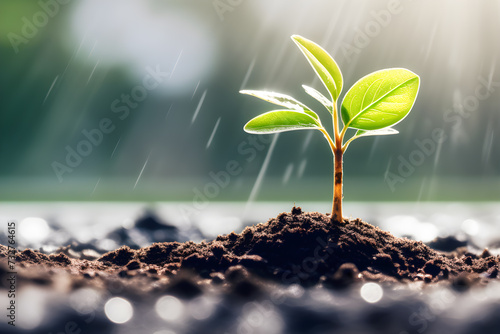 seedling sprout growing in the ground under the sun and rain