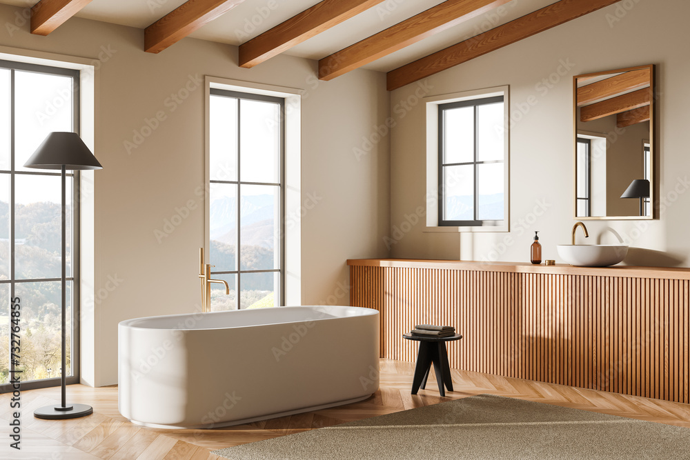 Fototapeta premium Beige modern hotel bathroom interior with tub, sink and panoramic window