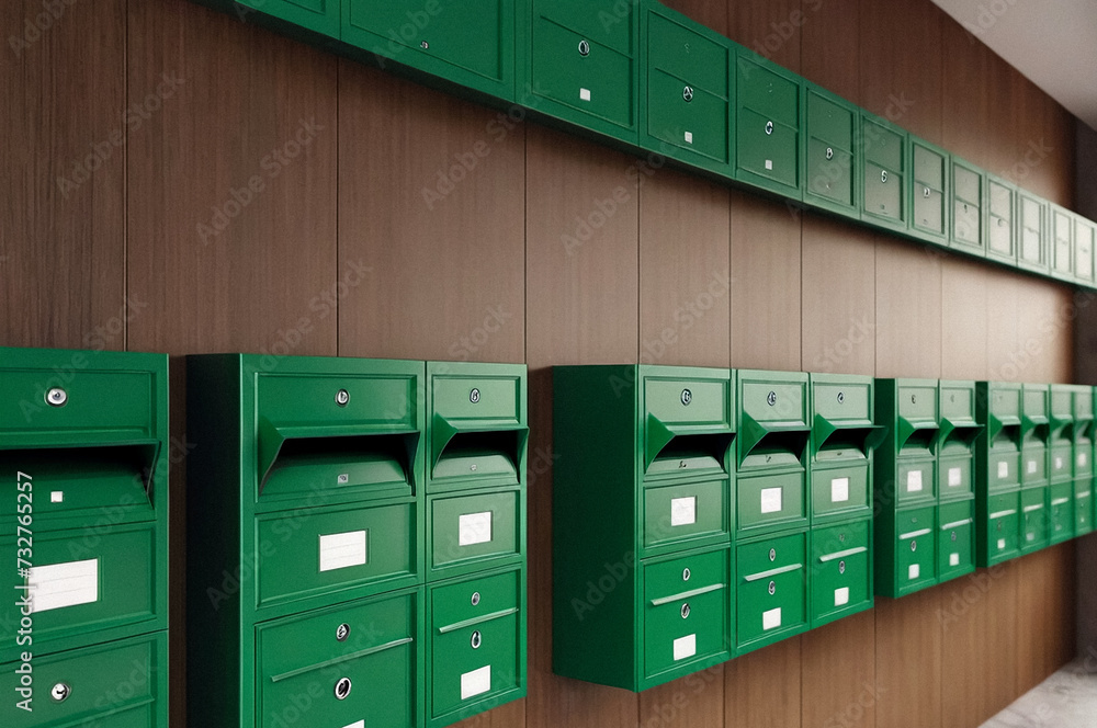 Green steel Mailboxes in an apartment residential building inside. Modern rows of numbered mailbox, creative design mail backgrounds. Urban correspondence concept. Copy ad text space. Generated Ai