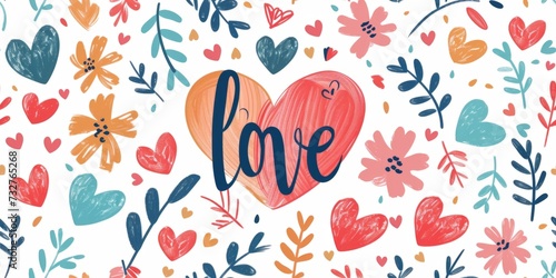 Seamless pattern and card Valentine's day, with hearts. Love vibe in watercolor hand painted style. Hand lettering.