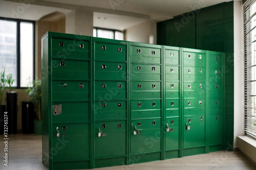 Green steel Mailboxes in an apartment residential building inside. Modern rows of numbered mailbox, creative design mail backgrounds. Urban correspondence concept. Copy ad text space. Generated Ai
