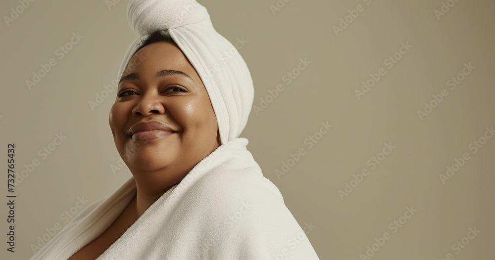 Studio portrait of happy and confident curvy black woman with natural clean skin, towel turban, and positive self image Studio portrait of happy and confident curvy black woman with natural clean skin, towel turban, and positive self image
