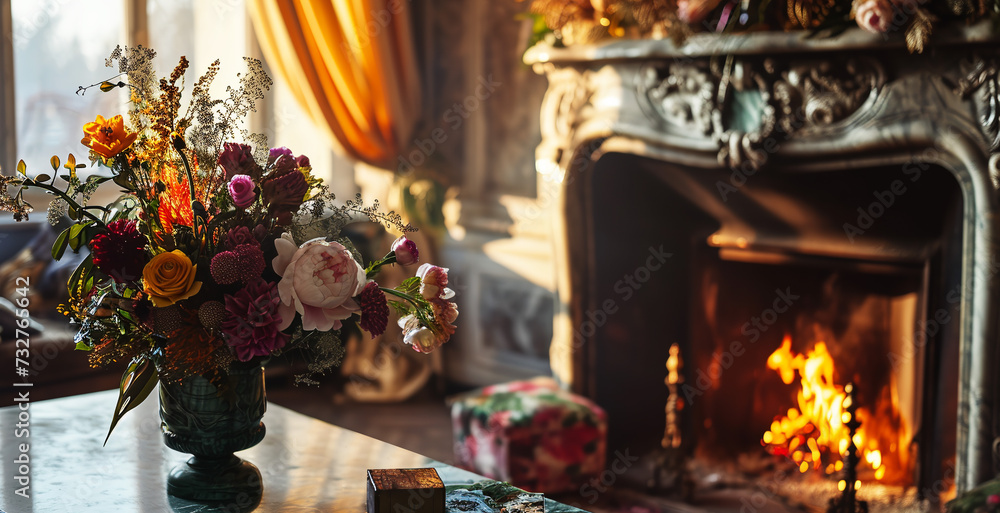  A vase with a bouquet of flowers in the room during sunset,Generated by AI