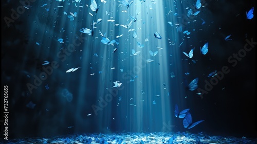 A beam of light shines down on the theater stage with flying feathers and blue butterflies in the light. Generative AI.