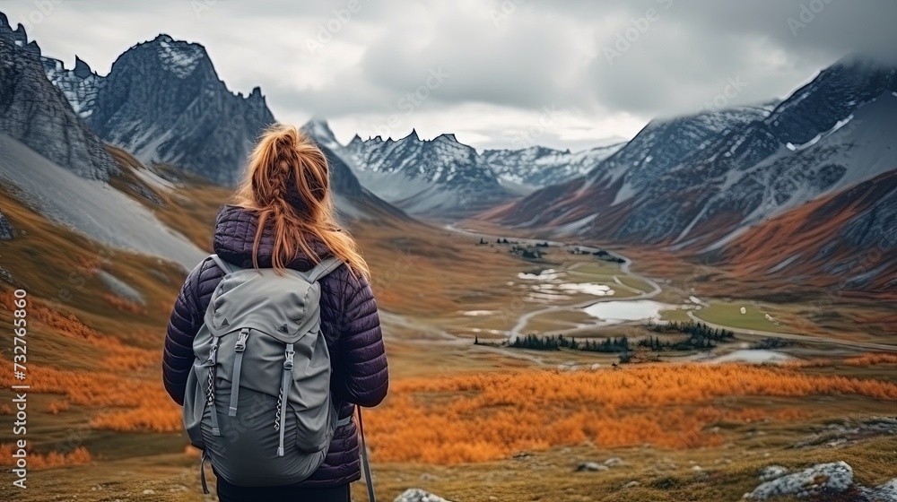 A woman is traveling in Bashkiria, Russia. Mountain tourism in Russia. Walking tour of the mountains of Bashkiria, Aigir. A trip to the mountains with a backpack.