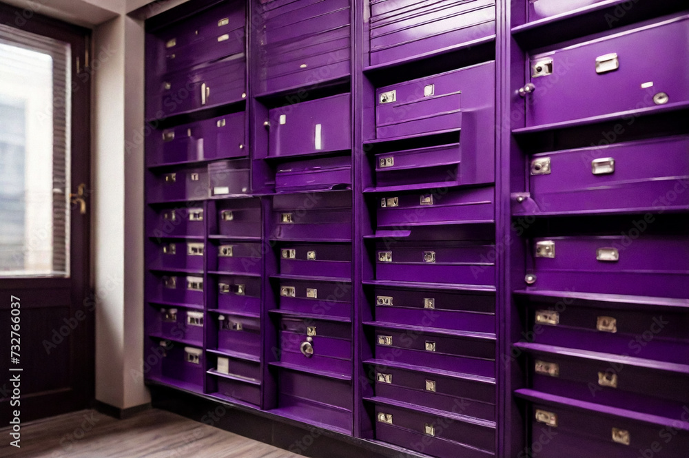 Purple steel Mailboxes in an apartment residential building inside. Modern rows of numbered mailbox, creative design mail backgrounds. Urban correspondence concept. Copy ad text space. Generated Ai