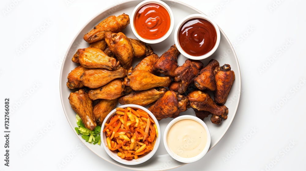 Air fryer chicken wings glazed with hot chilli sauce and served with different sauces. isolated on white background . top view Air fryer chicken wings glazed with hot chilli sauce and served with different sauces. isolated on white background . top view