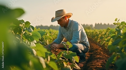 Agronomist inspecting soya bean crops growing in the farm field. Agriculture production concept. young agronomist examines soybean crop on field in summer. Farmer on soybean field photo