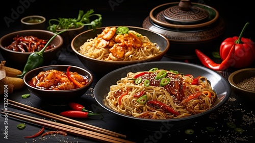Asian food served. Plates  pans and bowls full of tasty oriental dishes. Noodles chicken stir fry and vegetables ingredients with spices  sauces and chopsticks on whie wooden background.