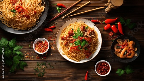 Asian food served. Plates, pans and bowls full of tasty oriental dishes. Noodles chicken stir fry and vegetables ingredients with spices, sauces and chopsticks on whie wooden background. photo