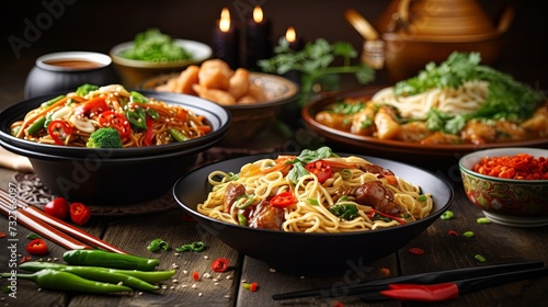 Asian food served. Plates, pans and bowls full of tasty oriental dishes. Noodles chicken stir fry and vegetables ingredients with spices, sauces and chopsticks on whie wooden background.