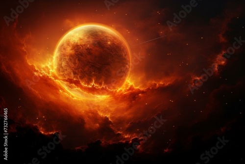 Illustration of a fiery orange exoplanet with cloud in a nighttime sky. Generative AI