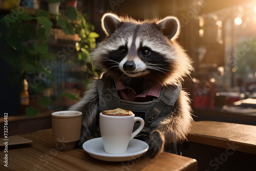 Friendly raccoon works as barista in coffee shop, prepares drinks for visitors and serves sweet pastries © Balica