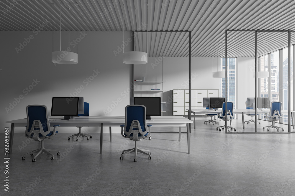 Modern office business interior with coworking zone and panoramic window Modern office business interior with coworking zone and panoramic window