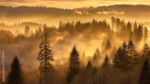 Golden sunlight streaming through a forest at dawn