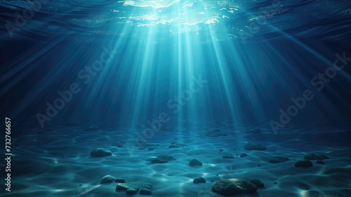 Underwater scene with rays of sunlight piercing through the ocean