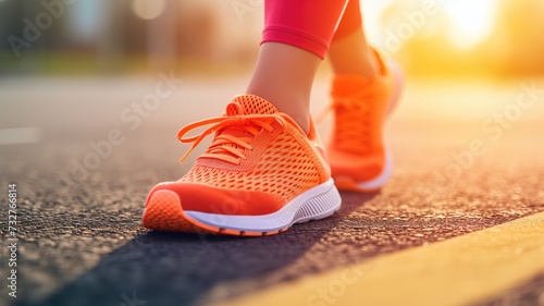 Close-up of a runner's bright orange shoes