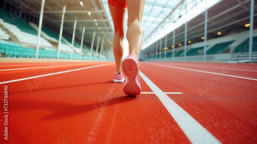 Runner's legs on a red track, perspective view