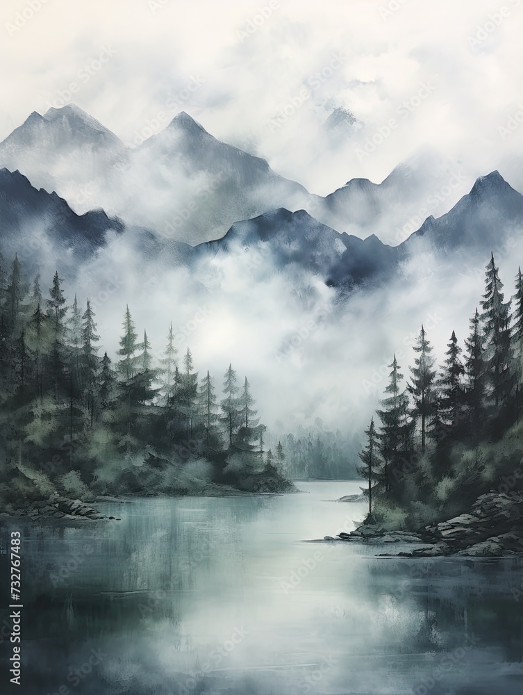 Fototapeta premium Seascape Art Print: Mist-Enveloped Mountain Peaks and Foggy Mountain Landscape