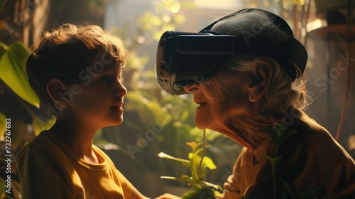 A young child guiding their grandparent through a VR adventure, tender moments of teaching and learning.