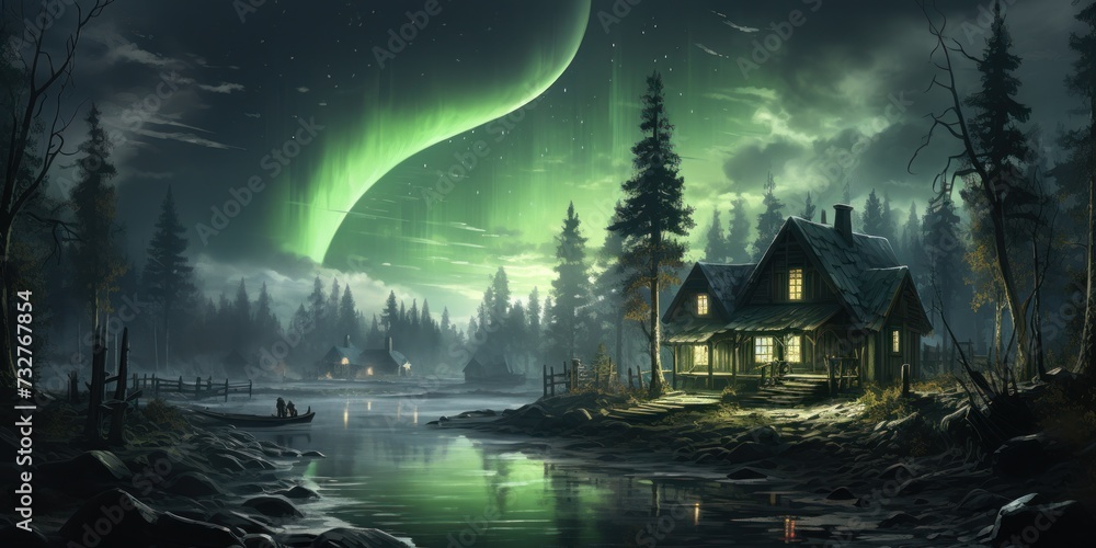 House Painting With Vibrant Green Aurora Borealis