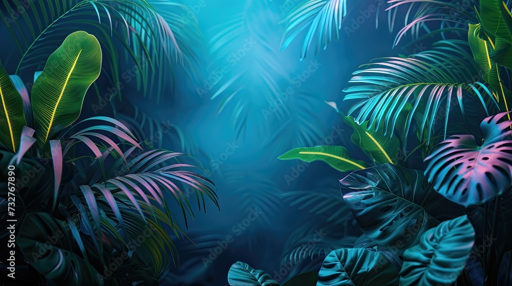 Ethereal glow on tropical foliage with a serene blue backdrop.