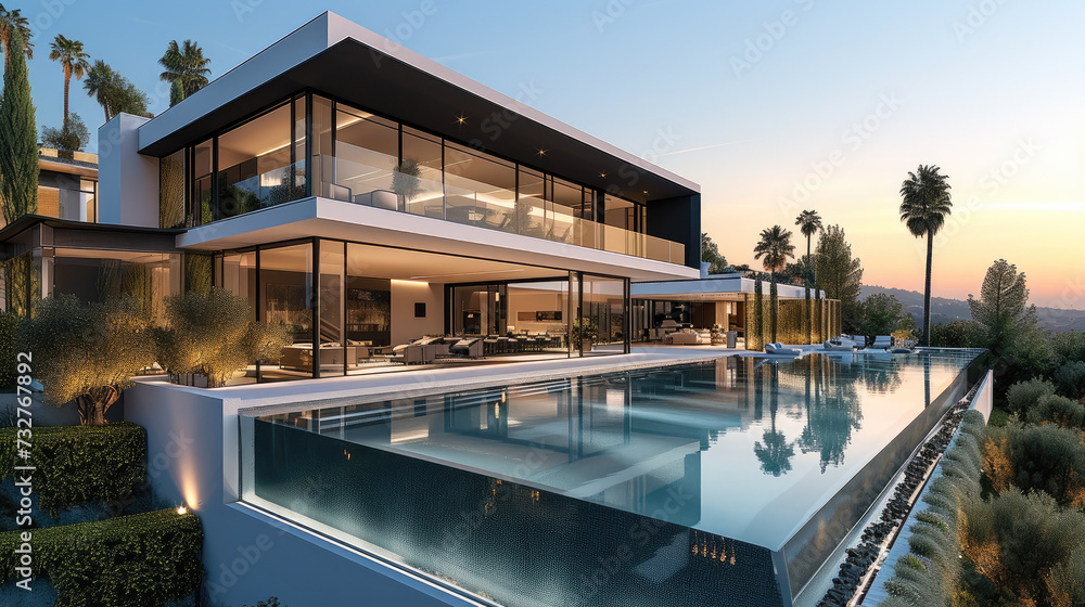 Fototapeta premium High end modern mega mansion on hills with large shimmering pool and a long garden. Generative AI.