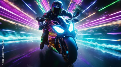 A futuristic motorcycle speeding through a virtual reality-inspired racing track, surrounded by neon lights and digital landscapes. © Usman