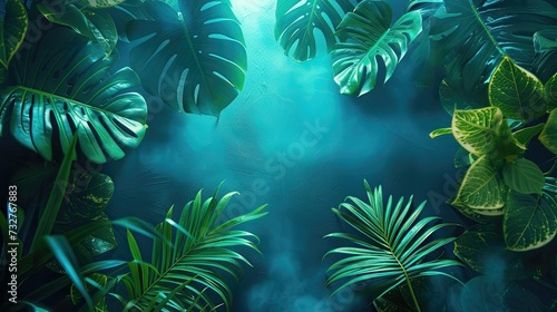  Neon glow highlights on tropical plants with a mystical fog effect. © AdriFerrer
