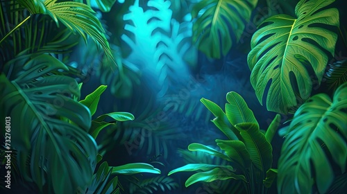 Tropical leaves bathed in a soft blue haze  evoking tranquility.