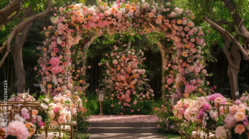 a romantic wedding stage adorned with delicate flowers, emanating an atmosphere of love and enchantment as couples exchange vows in a breathtaking setting.