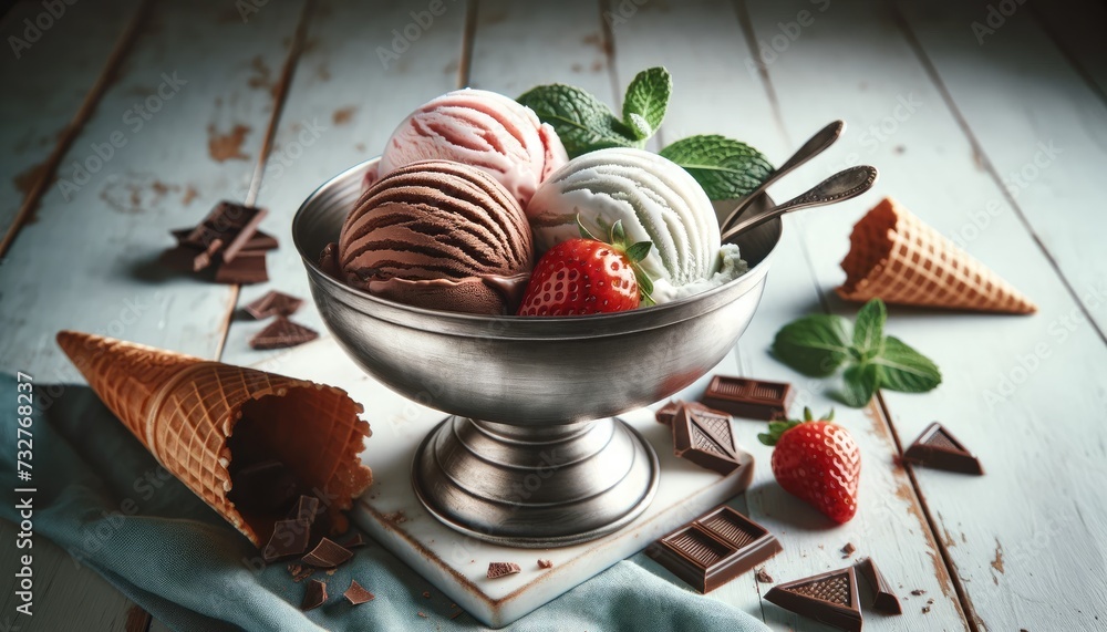 Fototapeta premium Artisanal Ice Cream Trio in Metal Bowl