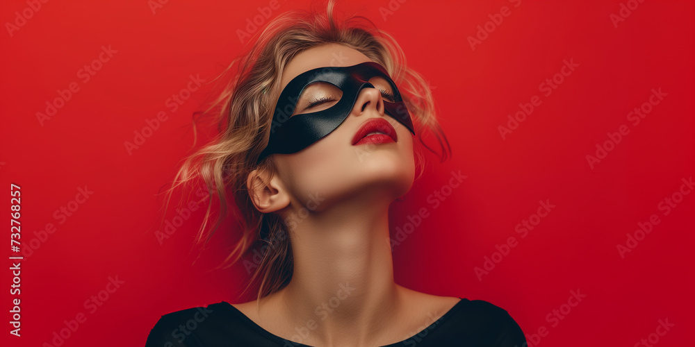 Maskierte Frau vor rotem Hintergrund verbirgt ein Geheimnis - obrazy, fototapety, plakaty 
