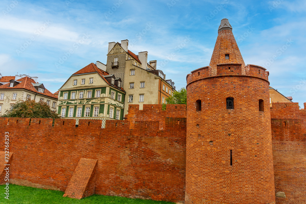 Old fortified Castle Barbican located in the center of Warsaw, Poland, October, 2023.