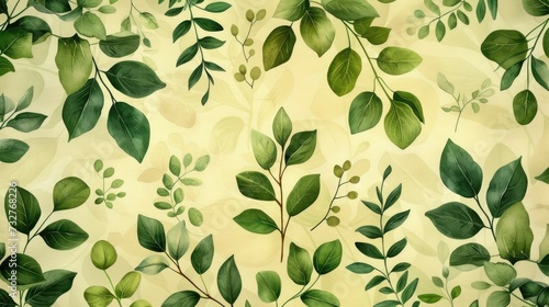 A soft watercolor illustration of various green leaves and sprigs.