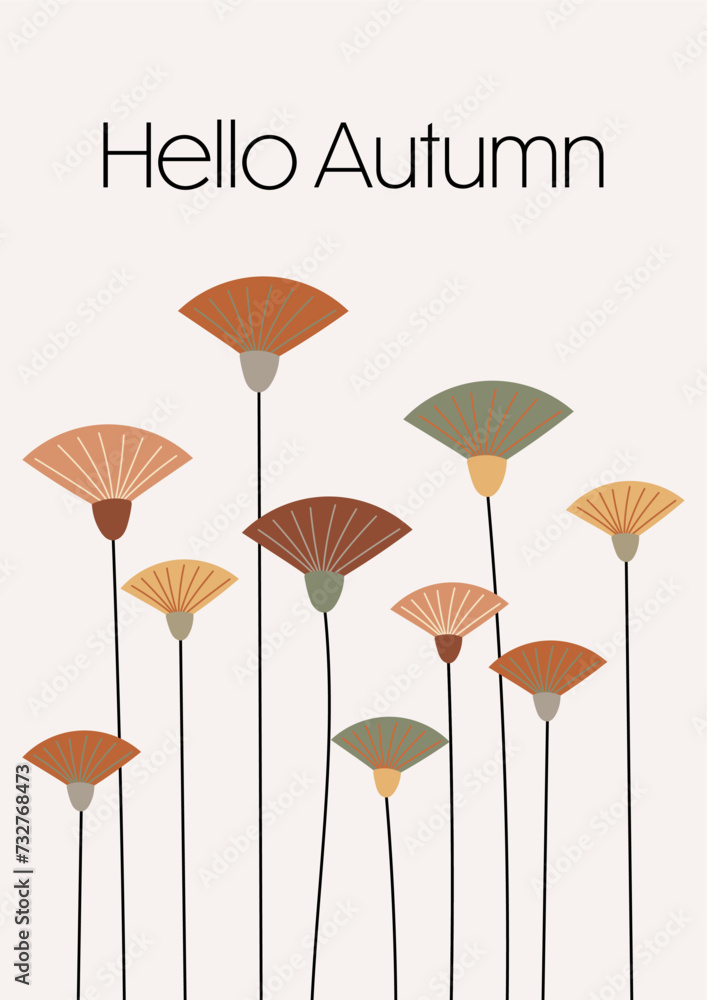 Obraz premium Hello Autumn - Schriftzug in englischer Sprache - Hallo Herbst. Grußkarte mit modernen abstrakten Blumen.