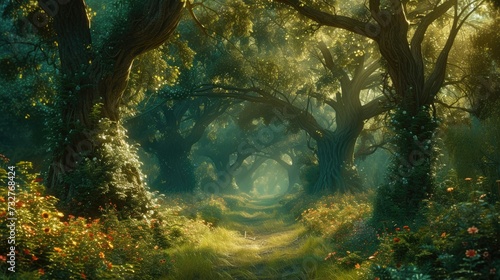 Enchanted forest with sunbeams piercing through  highlighting a flowery trail.