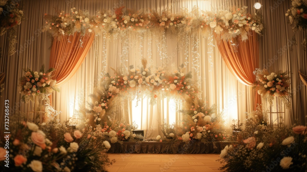 Fototapeta premium a romantic wedding stage adorned with delicate flowers, emanating an atmosphere of love and enchantment as couples exchange vows in a breathtaking setting.